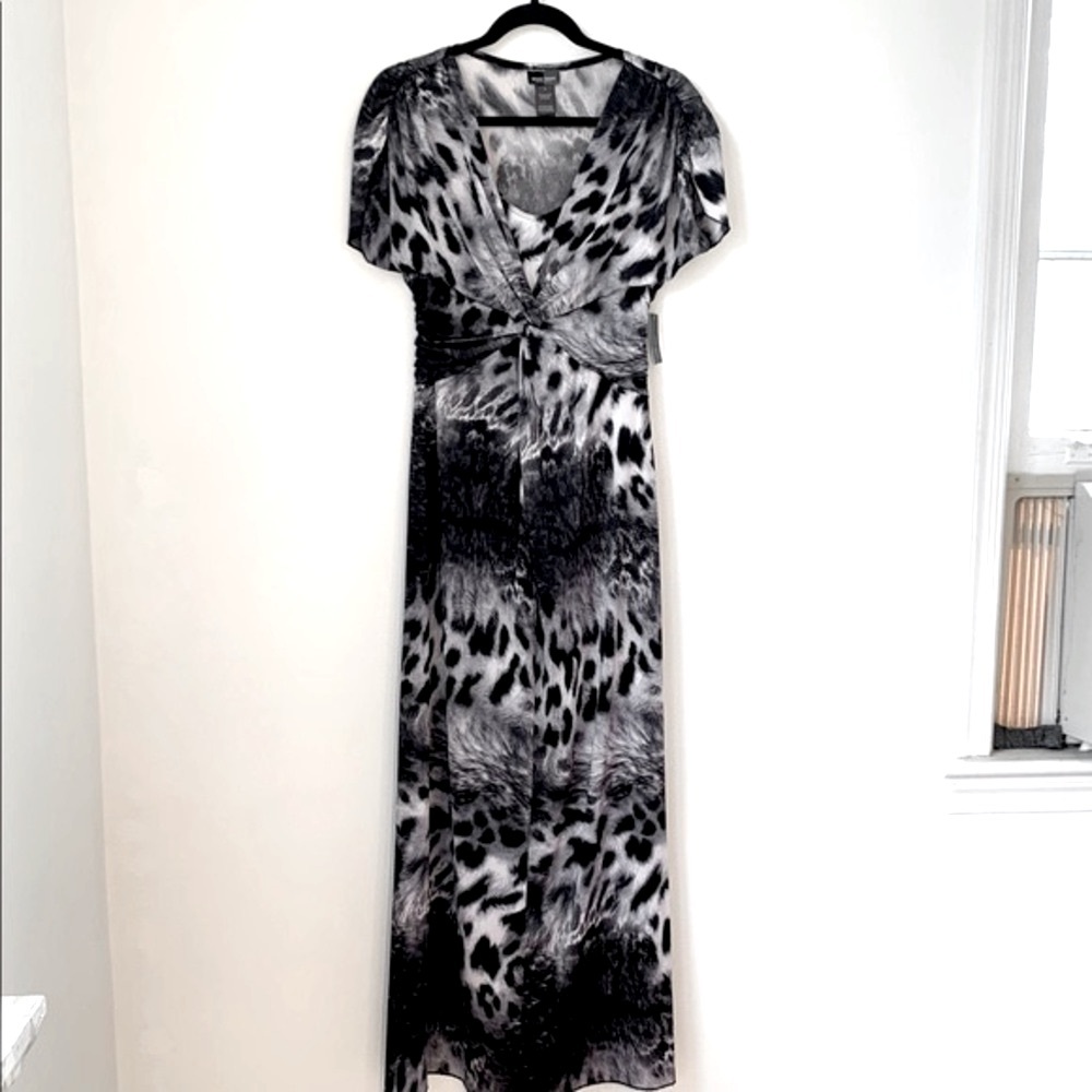 Bisou Bisou Black Leopard Flutter Sleeve Maxi Dress